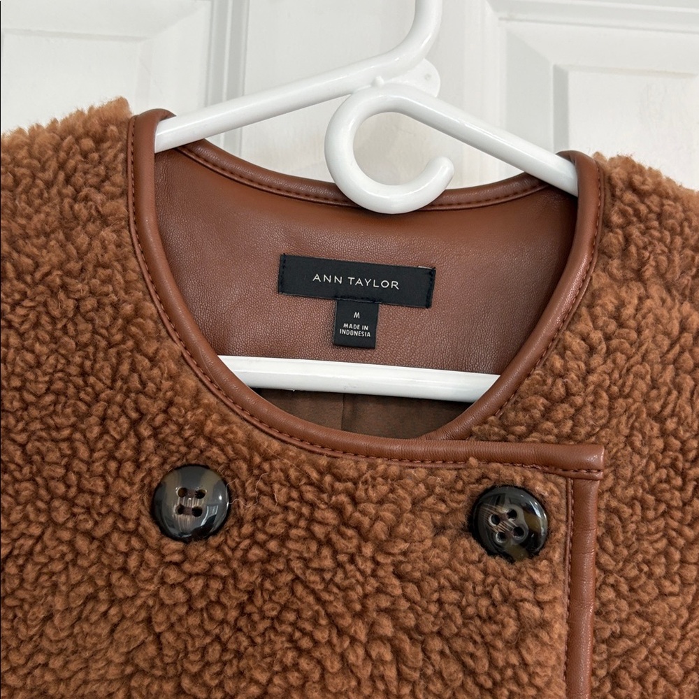 Ann Taylor Fun Faux Sherpa with Faux Leather Wool Blend Double-Breasted Coat - Picture 2 of 9